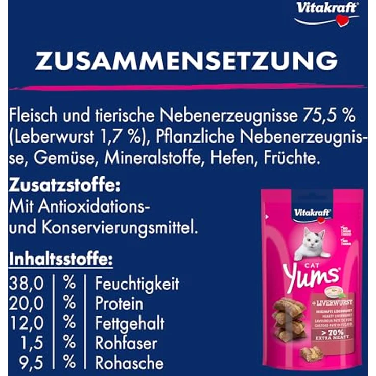 Vitakraft Cat Yums Leberwurst, Sparpaket mit 70% Fleischanteil, 3 x 40 g, ohne Zucker, saftige Konsistenz – Bild 5