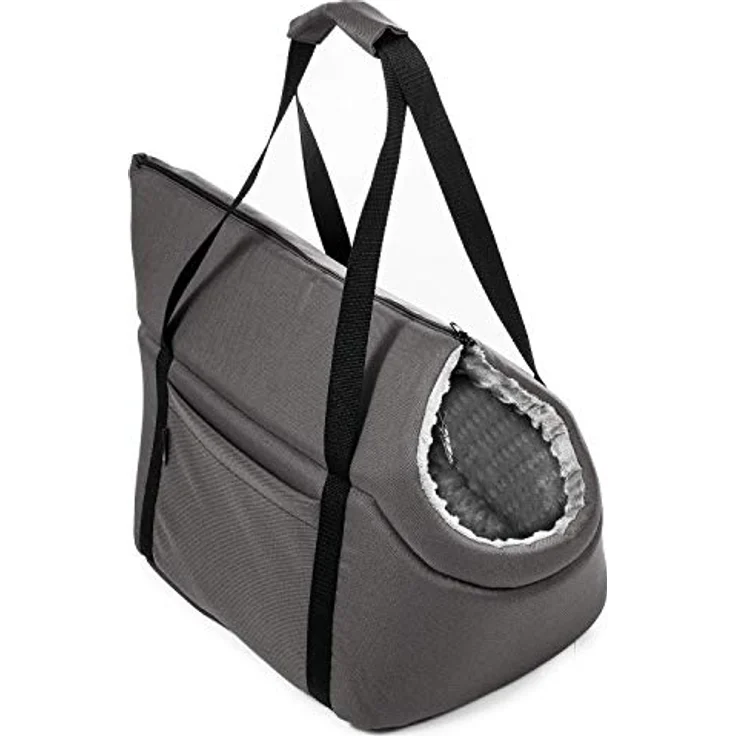 BOUTIQUE ZOO Hundetasche L, Grau, Plüschstoff mit Noppen, für Hunde bis 15 kg, inklusive abnehmbarer Holzeinlage und Metallhalsband – Bild 1