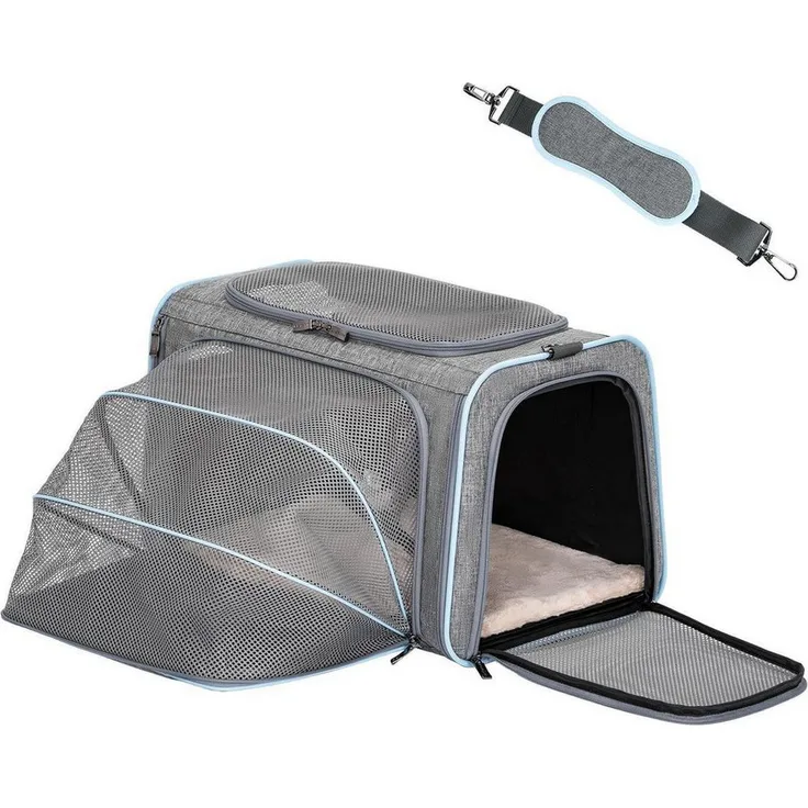 LuxusKollektion Tiertransporttasche faltbar erweiterbar, grau, für Hunde und Katzen bis 9kg, mit Schultergurt und Mesh-Fenstern