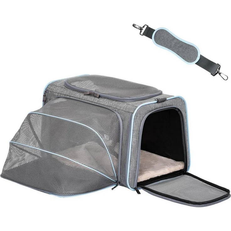 LuxusKollektion Tiertransporttasche faltbar erweiterbar, grau, für Hunde und Katzen bis 9kg, mit Schultergurt und Mesh-Fenstern