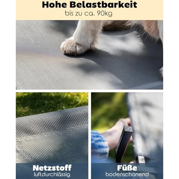 lionto Outdoor Hundeliege, stabile erhöhte Haustierliege mit atmungsaktivem Netzbezug und robuster Metallrahmen, 117x85 cm, grau – Bild 3