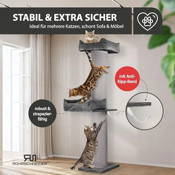 Rohrschneider Kratzbaum XXL Frieda – Kratztonne mit tauschbaren Kratzmatten, extra breiter Säule und waschbarem Cord-Bezug (dunkelgrau) – Bild 5