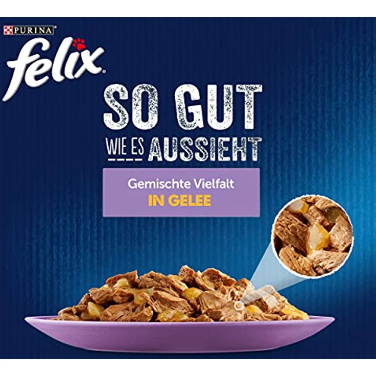 FELIX So gut wie es aussieht, Gemischte Vielfalt in Gelee Katzennassfutter, 44x85g Portionsbeutel mit zarten Stückchen in Rind, Huhn, Thunfisch, Lachs, ohne Konservierungsstoffe – Bild 3