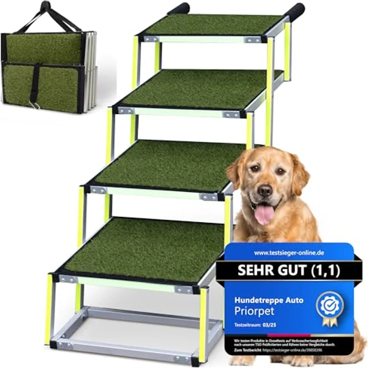 PRIORPET Hundetreppe Auto Klappbar, 4 Stufen, bis 77kg, Anti-Rutsch Kunstrasen mit leuchtender Leitmarkierung, gelenkschonend, faltbar für kleine Wagen und Kombis – Bild 1