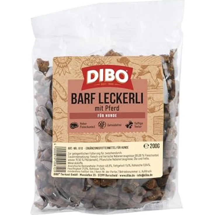 DIBO Barf-Leckerli mit Pferd, gluten- und laktosefreier Trainingssnack für Hunde, 200 g Beutel
