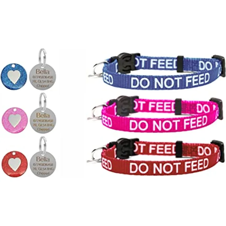 LARRYROO Katzenhalsband "Do Not Feed" mit Sicherheitsschnalle, Glocke und personalisierbarer Herzmarke, Rosa