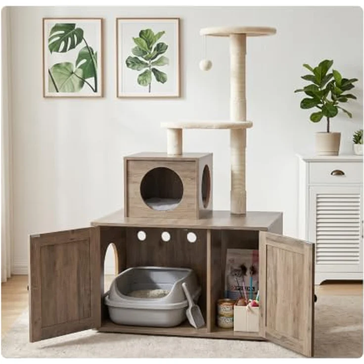 Relaxdays Kratzbaum mit Katzenkloschrank, 133x78x49 cm, Sisalstämme, Liegemulde, Holzoptik, dunkelbraun – Bild 5