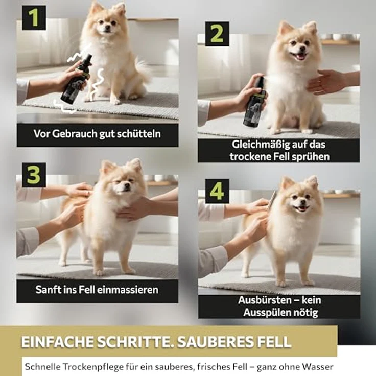 Peticare® Hunde Trockenshampoo, 200 ml – Natürliches Hundeshampoo gegen Geruch & Schmutz, ohne Wasser, mit Argan- & Kokosöl für alle Fellarten, sanfte Pflege für Hunde & Welpen – Bild 4