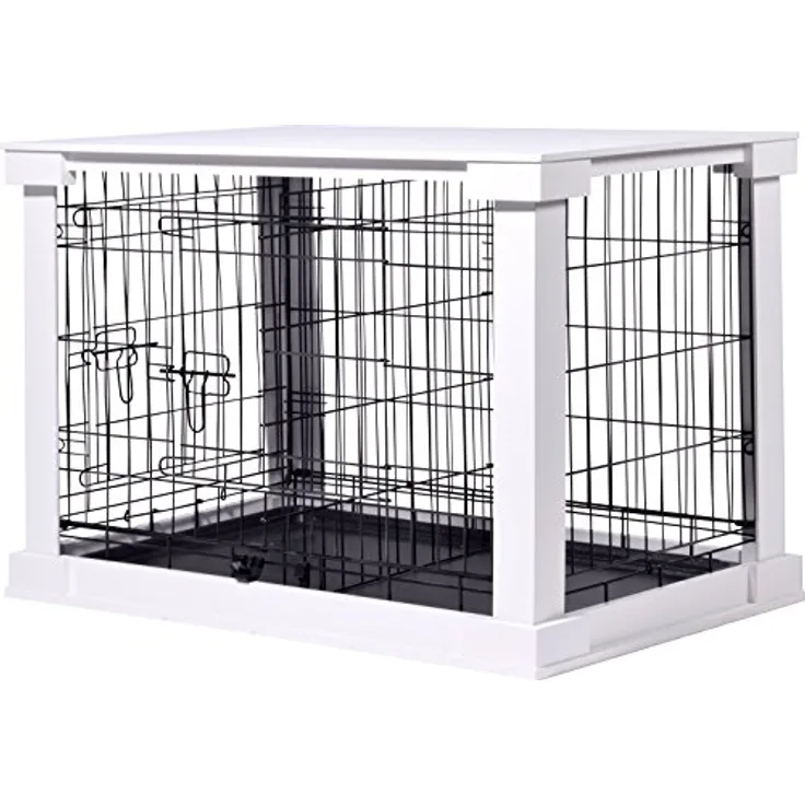 dobar® Design Hundekäfig aus Holz Gr. M, Hundebox mit Tischoberfläche und herausziehbarer Kunststoffwanne, 83 x 55 x 59 cm, Weiß