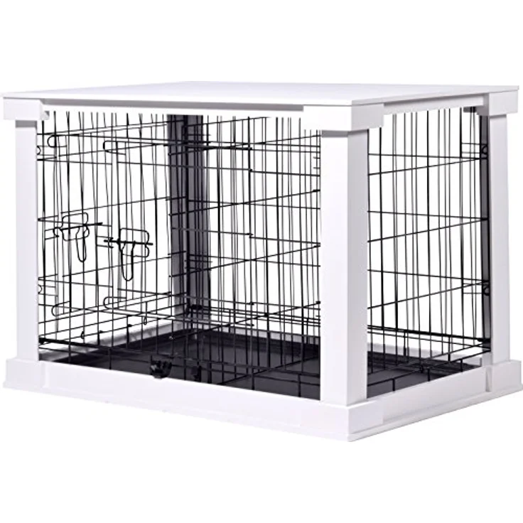 dobar® Design Hundekäfig aus Holz Gr. M, Hundebox mit Tischoberfläche und herausziehbarer Kunststoffwanne, 83 x 55 x 59 cm, Weiß – Bild 1