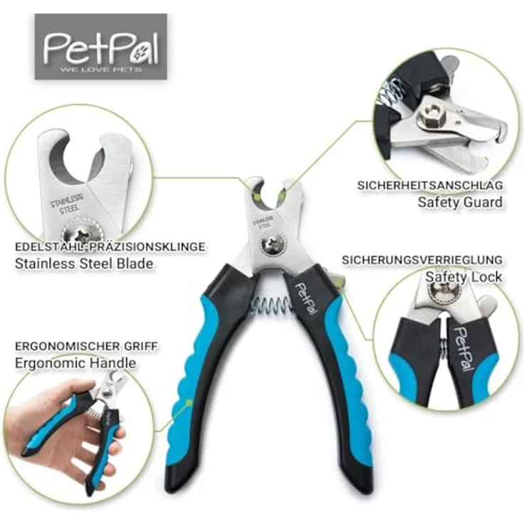 PetPäl Profi Krallenschere für Hunde & Katzen, scharfe Edelstahlklingen mit Sicherheits-Abstandhalter, ergonomisch und rutschfeste Griffe, Größe S & L – Bild 2