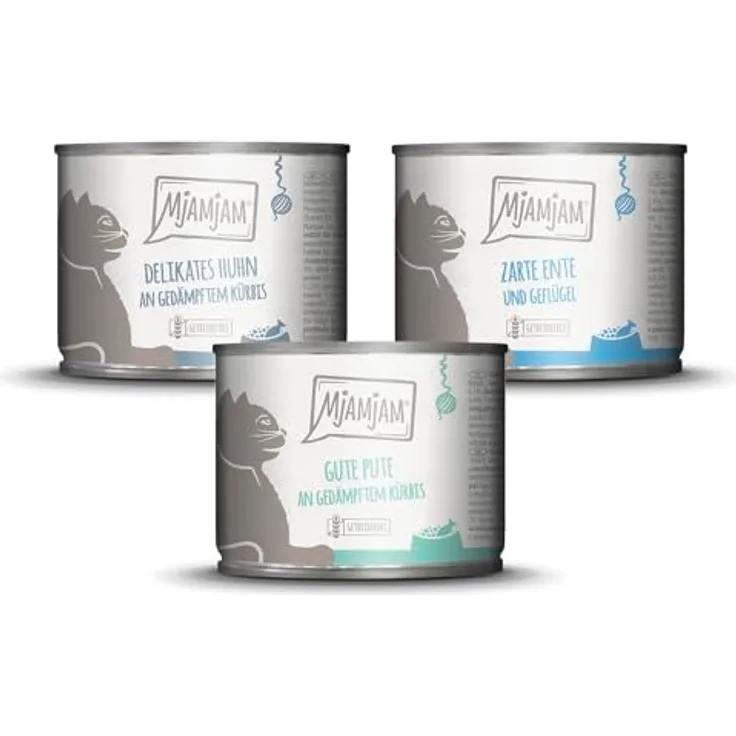 MjAMjAM Premium Nassfutter für Katzen - Mixpaket II, Huhn & Kürbis, Pute, Ente & Geflügel, getreidefrei, 6er Pack (6 x 200 g) mit extra viel Fleisch