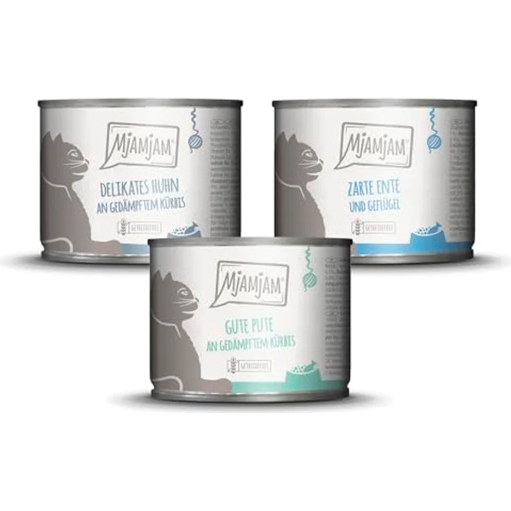 MjAMjAM Premium Nassfutter für Katzen - Mixpaket II, Huhn & Kürbis, Pute, Ente & Geflügel, getreidefrei, 6er Pack (6 x 200 g) mit extra viel Fleisch – Bild 1