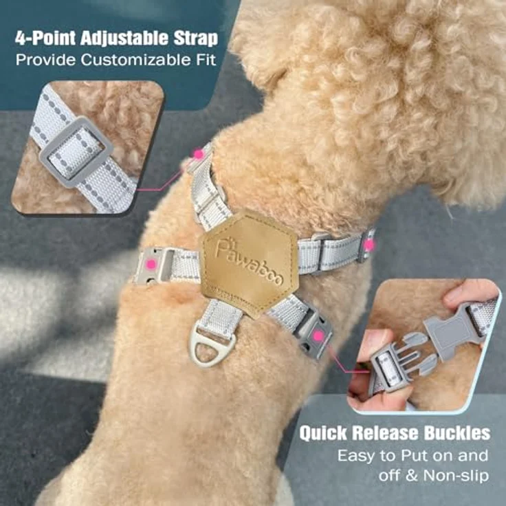 Pawaboo Hundegeschirr mit Leine Set, X-Rahmen Verstellbares Anti-Zug Brustgeschirr für Kleine und Mittelgroße Hunde, M, Khaki Kariert – Bild 4