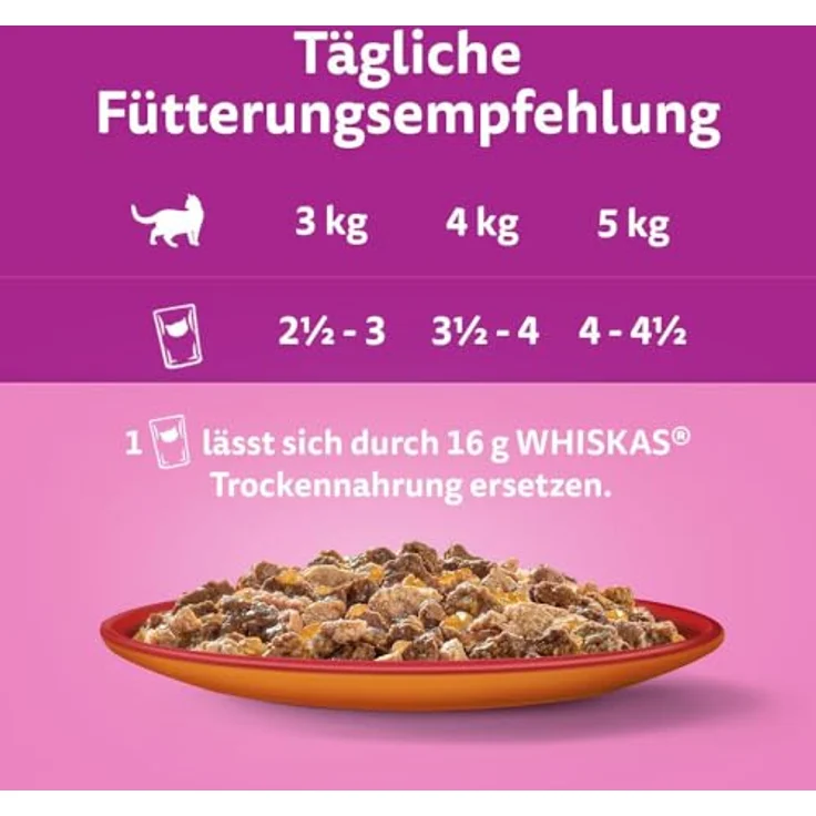WHISKAS Duo Nassfutter Portionsbeutel Multipack, Classic Combo in Gelee, 12 x 85g, 4 Geschmacksrichtungen mit Rind, Geflügel, Lamm, Ente, Huhn, Leber, Pute, Wild, enthält alle Nährstoffe für eine gesunde Katze – Bild 4