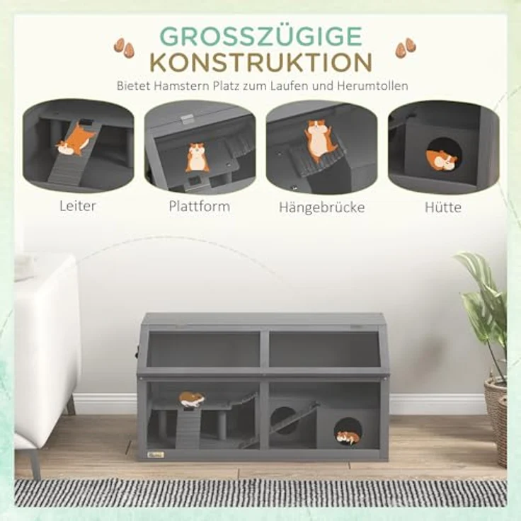 PawHut Hamsterkäfig aus Holz 85 x 45 x 44 cm, Nagerkäfig mit oberer Tür, Hängebrücke, Leitern und Hütte für Zwerghamster, dunkelgrau – Bild 3