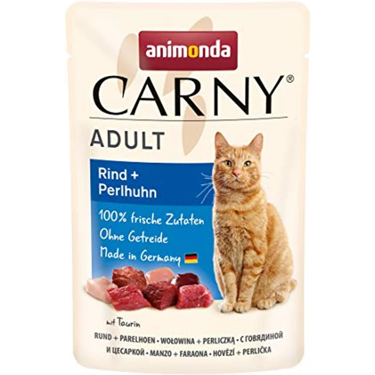 animonda Carny Katzenfutter nass Rind + Perlhuhn, getreidefreies Katzen Nassfutter ohne Zucker, 12 Portionsbeutel (12 x 85g) mit frischen, fleischigen Zutaten – Bild 1