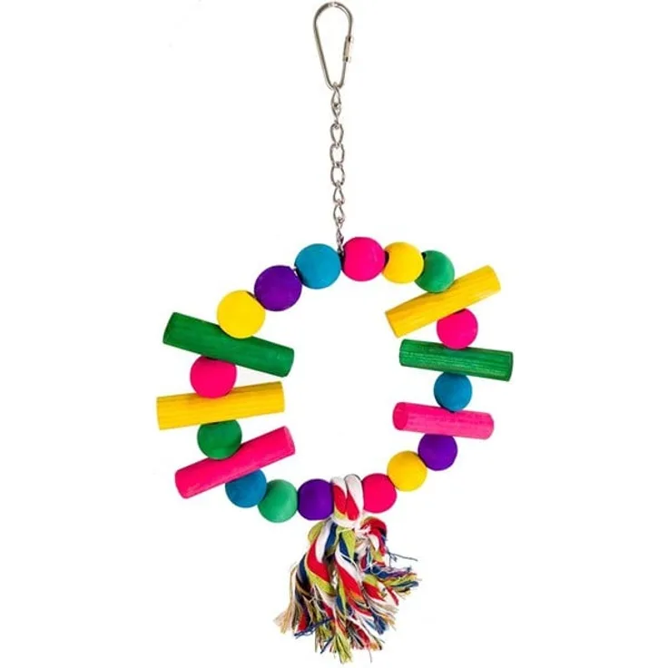 Dogman Bird Toy Kiwi, Buntes Holzschaukelspielzeug im Ring-Design mit Farbtupfern und Quasten
