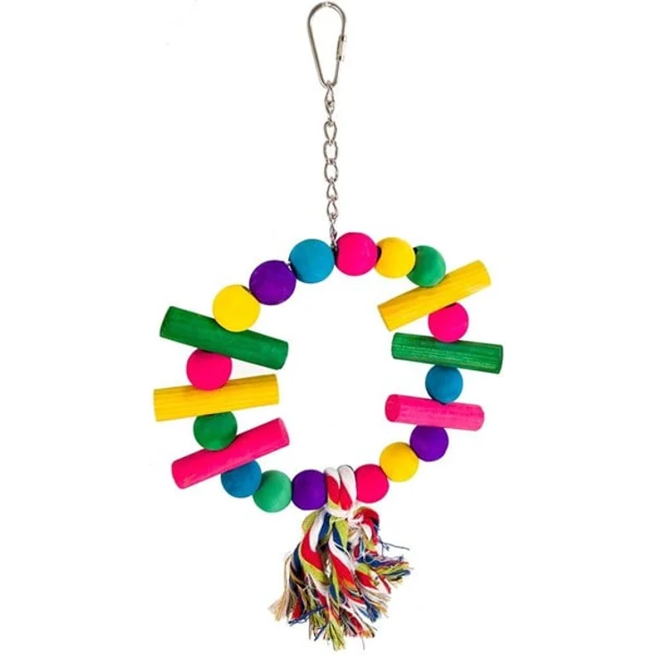 Dogman Bird Toy Kiwi, Buntes Holzschaukelspielzeug im Ring-Design mit Farbtupfern und Quasten