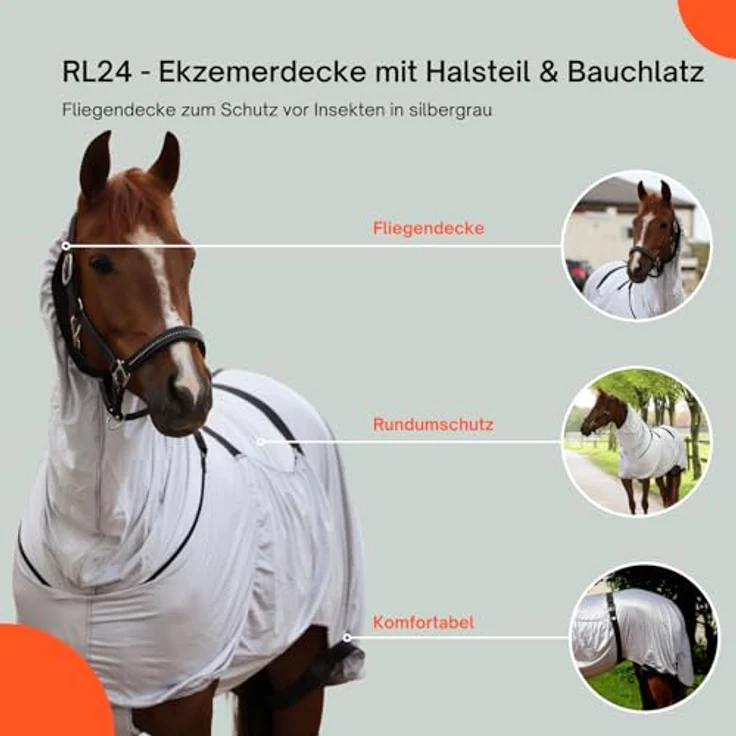 RL24 Ekzemerdecke mit Halsteil & Bauchlatz, feinmaschige Fliegendecke in Silbergrau, doppelter Frontverschluss & Beinschnüre, Größe 135 cm – Bild 3