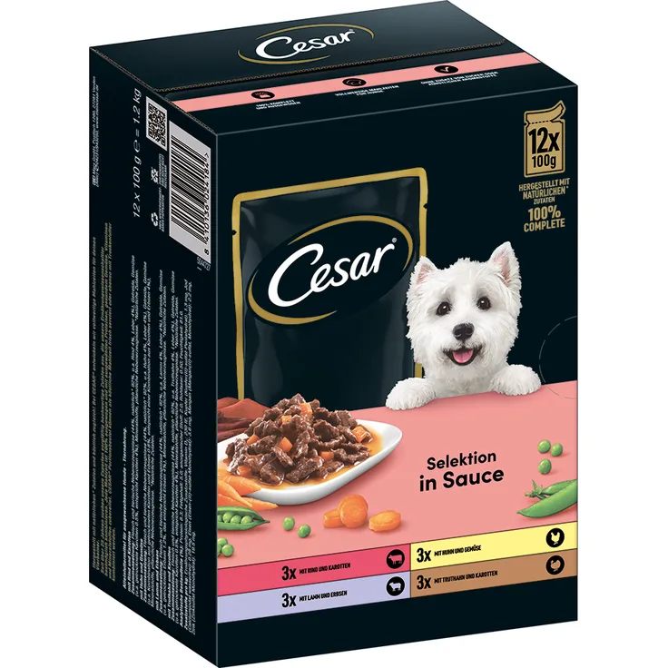 Cesar Selektion Fleisch und Gemüse in Sauce, Nassfutter für Hunde im Sparpaket, 48 x 100 g mit 4 delikaten Sorten