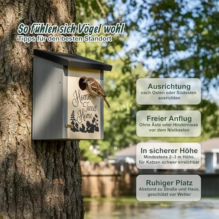 Relaxdays Nistkasten für Meisen und Spatzen, 32mm Einflugloch, Holz mit Reinigungsklappe, Vogelhaus zum Aufhängen, grau/schwarz – Bild 2