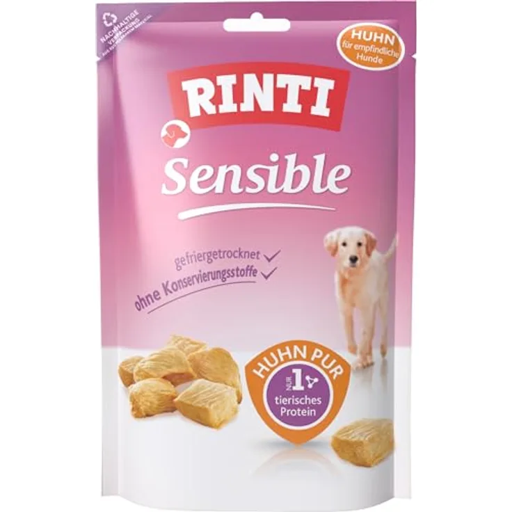 RINTI Sensible Snack Huhn Pur, 120 g gefriergetrocknete Hunde-Snacks, getreide- und zuckerfrei, ideal für sensible, ausgewachsene Hunde