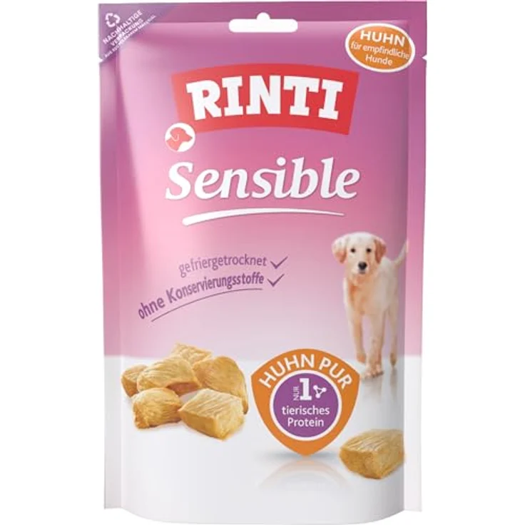 RINTI Sensible Snack Huhn Pur, 120 g gefriergetrocknete Hunde-Snacks, getreide- und zuckerfrei, ideal für sensible, ausgewachsene Hunde
