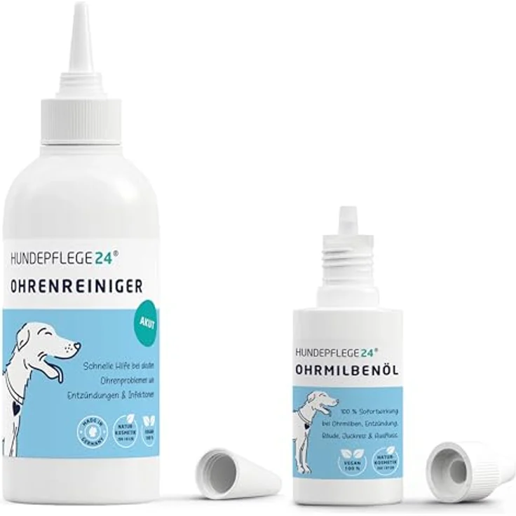 Hundepflege24 Ohrenpflege Set, Ohrenreiniger Akut 250ml + Ohrmilbenöl 50ml, Sofortwirkung gegen Ohrmilben, made in Germany – Bild 1