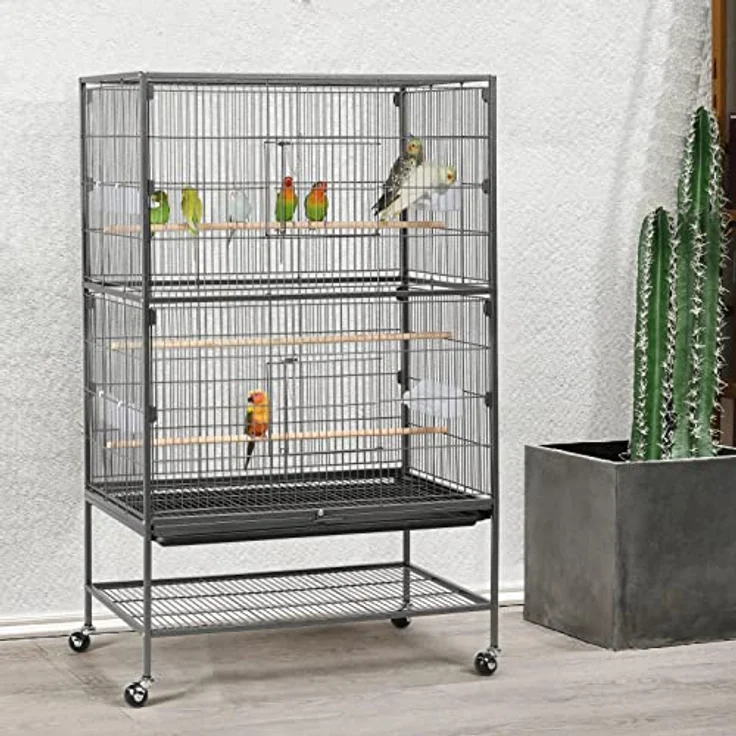 Yaheetech Vogelvoliere, großer Vogelkäfig mit 2 Türen, 3 Holzsitzstangen, 4 Rollen und abnehmbarer Schmutzwanne, 52 x 79 x 132 cm – Bild 2