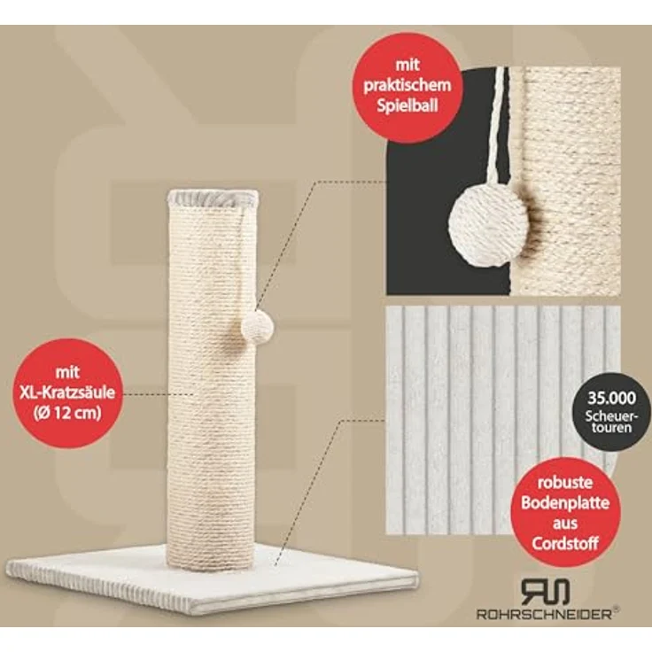 Rohrschneider ® Kratzbaum XL, extra dicke Kratzsäule Ø 12 cm mit Spielzeug, Bodenplatte mit Cordbezug beige, 40x40 cm, 54 cm hoch – Bild 2