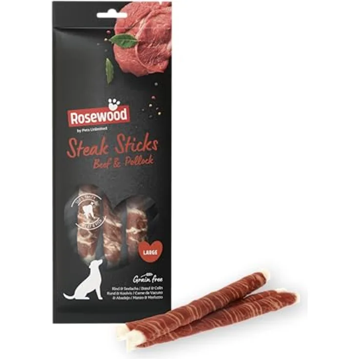 Rosewood Steak Sticks Rind & Seelachs Large, 3 Stück, 240 g – Kausnack aus Rinderhaut für Hunde, unterstützt die Zahnpflege, ohne Getreide, ohne künstliche Zusatzstoffe