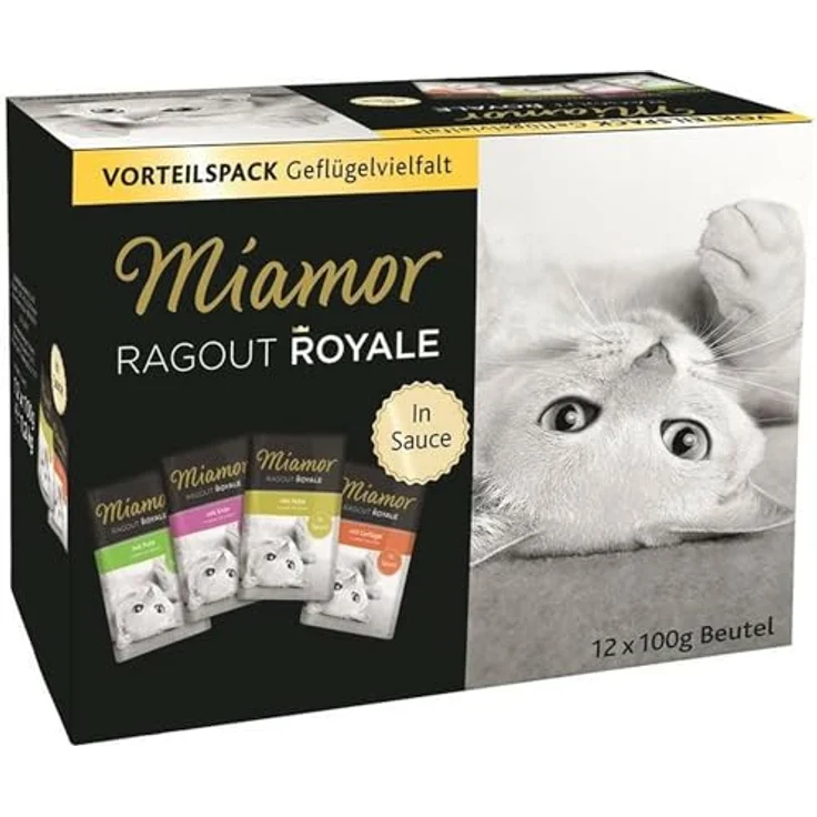 Miamor Ragout Royale, Multibox Sauce Geflügel mit Pute, Ente und Huhn, 12x100g, ohne Farb- und Konservierungsstoffe