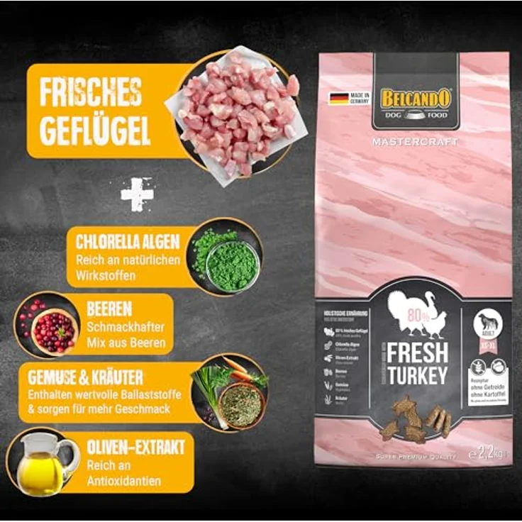 BELCANDO MASTERCRAFT Hundefutter trocken Fresh Turkey, 2,2kg, 80% frisches Truthahnfleisch, getreidefrei, für alle Rassen, Made in Germany – Bild 4