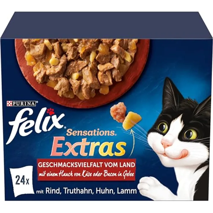 Felix Sensations Extras Katzenfutter nass in Gelee, Geschmacksvielfalt vom Land, 4er Pack mit Rind, Truthahn, Huhn und Lamm, 96 Beutel à 85g