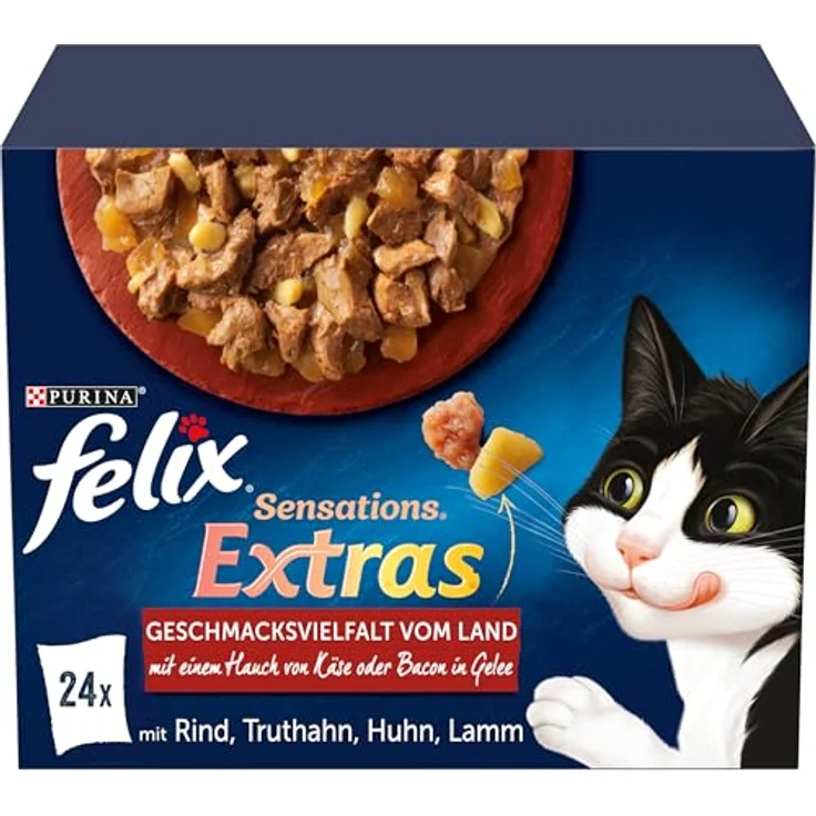 Felix Sensations Extras Katzenfutter nass in Gelee, Geschmacksvielfalt vom Land, 4er Pack mit Rind, Truthahn, Huhn und Lamm, 96 Beutel à 85g – Bild 1
