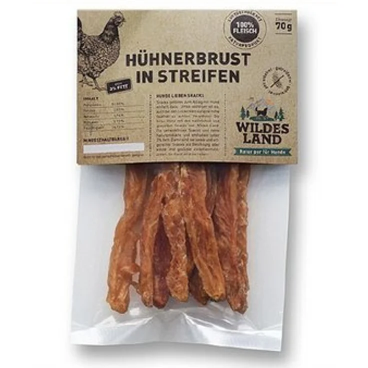 Wildes Land Hühnerbrust in Streifen, 70 g - 93% Fleisch, getreide- und glutenfrei, unter 4% Fett, für Hunde und Katzen