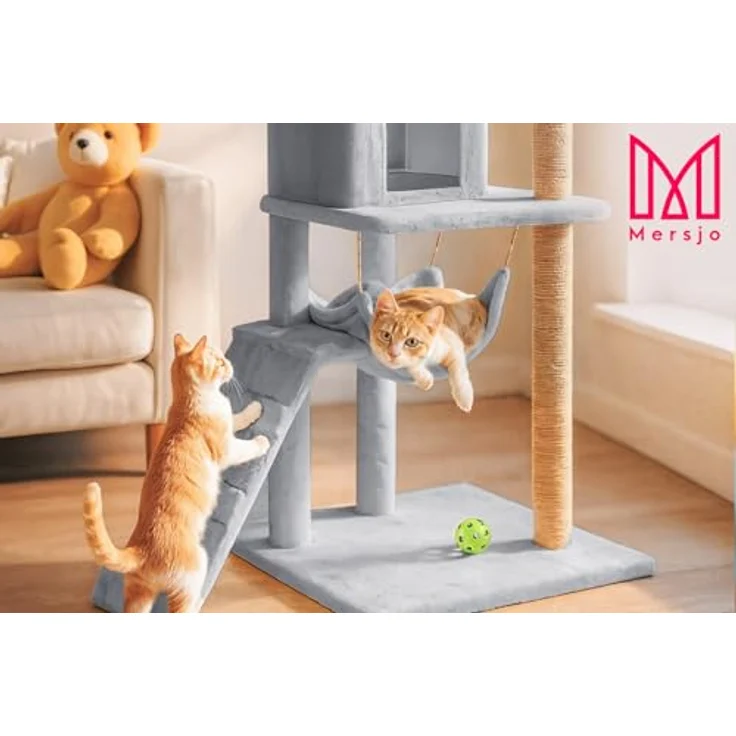 Mersjö Comfort Line Katzenkratzbaum, 125 cm hoch, mit 6 Ebenen, Haus und Spielzeug, hellgrau – Bild 7