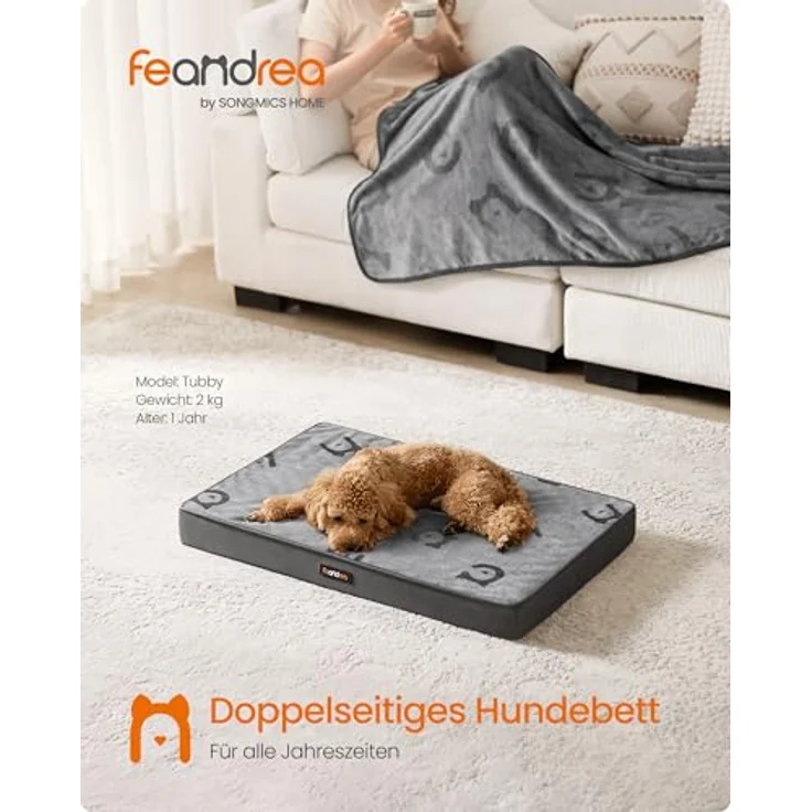 Feandrea Hundebett PGW241G01, waschbares Hundekissen mit abnehmbarem Bezug, wasserdicht, für kleine und Minihunde, Taubengrau, 76 x 51 x 8 cm – Bild 2