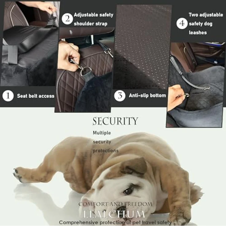 Lealchum Hund Booster Autositz für kleine/mittlere Hunde, Memory Foam, abnehmbar und waschbar, mit 2 Clip-On Sicherheitsleinen, schwarz/grau, mittel – Bild 3