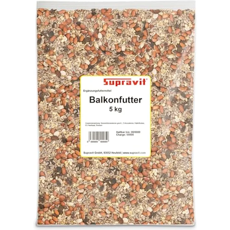 Supravit Balkonfutter für Wildvögel 5kg – Premium energiereiches, schalenfreies Wildvogelfutter mit Sonnenblumenkernen, Erdnüssen, Haferflocken & Rosinen – Ganzjahres- & Winterfutter