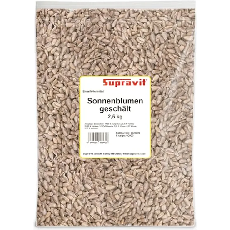 Supravit Sonnenblumenkerne geschält, 2,5kg Beutel, nährstoffreiches Ganzjahresfutter für Wildvögel aus deutschen Anbaugebieten