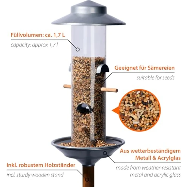 Dekorative Futtersäule im Silber-Design, Wildvogel-Futterstaton inkl. Holz-Ständer, 16,5 x 16,5 x 138 cm, Acrylglas – Bild 4