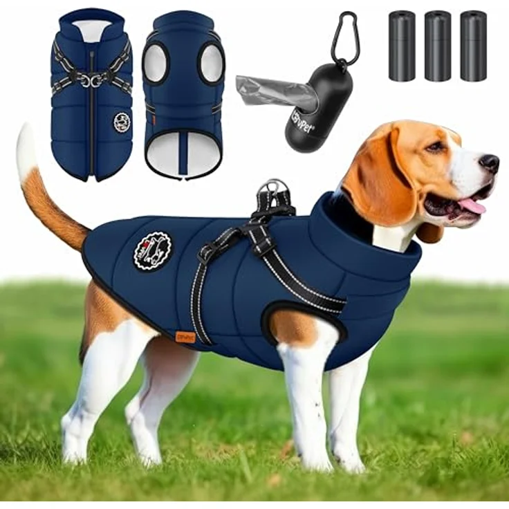 LOVPET® Hundejacke mit Geschirr, gefütterte und wasserdichte Winterweste 5XL in Navyblau, inkl. 45 Kotbeutel + Spender, gepolstert mit Reflexion und D-Ring – Bild 1