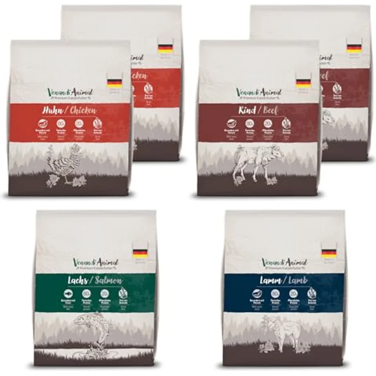 VenandiAnimal Premium Trockenfutter für Katzen, Probierpaket 1, 6 x 0,3 kg, getreidefrei mit hochqualitativem Fleisch und Fisch, für alle Rassen geeignet – Bild 1