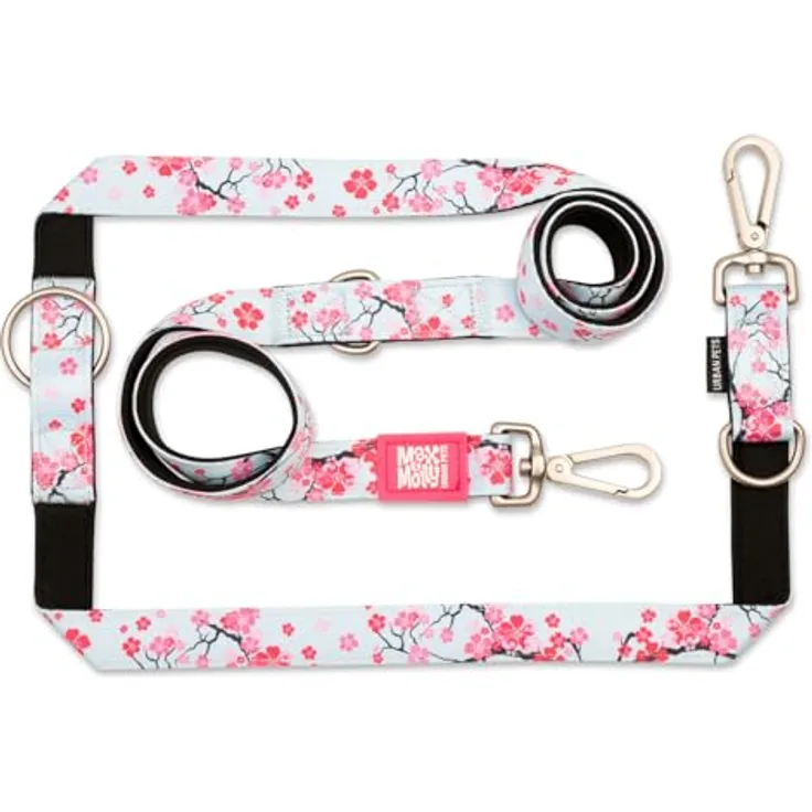 Max & Molly Multifunktions Hundeleine, 2m mit 2 Karabinern, gepolstert, Cherry Bloom, sicher & flexibel, 7 Funktionen