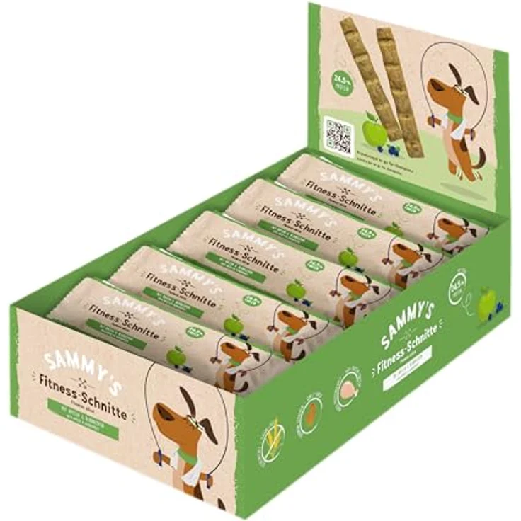 Sammy's Fitness Schnitte mit Äpfeln und Blaubeeren, Proteinreich, schonend hergestellt, getreidefrei, Hundeleckerli, Trainingssnack, 20 x 25 g – Bild 1