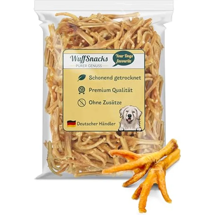 WuffSnacks Getrocknete Hühnerfüße für Hunde, 1 kg, 100% natürlich, hochwertige Proteinquelle, wenig Fett, Kauartikel für optimale Zahnpflege