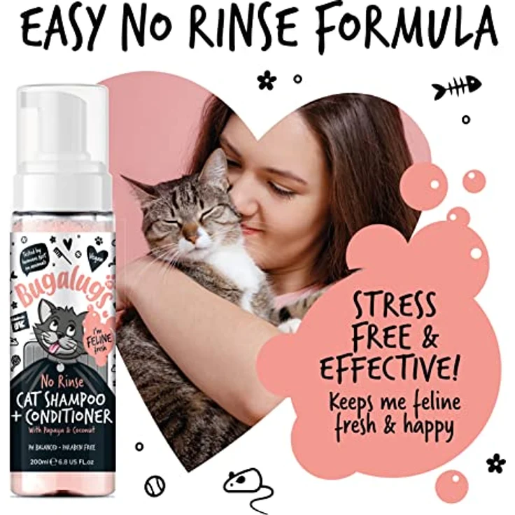 Bugalugs Katzenshampoo 2 in 1 ohne Wasser, pH-neutral, 200ml, Papaya und Kokosduft, für wasserscheue Katzen – Bild 7