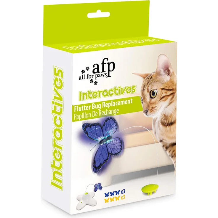 All for Paws Interactive Flutter Bug Refill, Katzenspielzeug mit 6 Ersatzschmetterlingen in Dunkelblau und Gelb